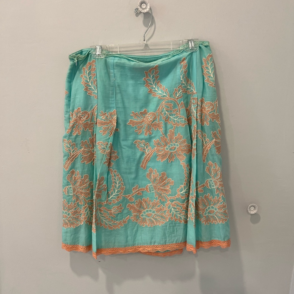 Cynthia Steffe Aqua Cotton Skirt with Coral Embroidery